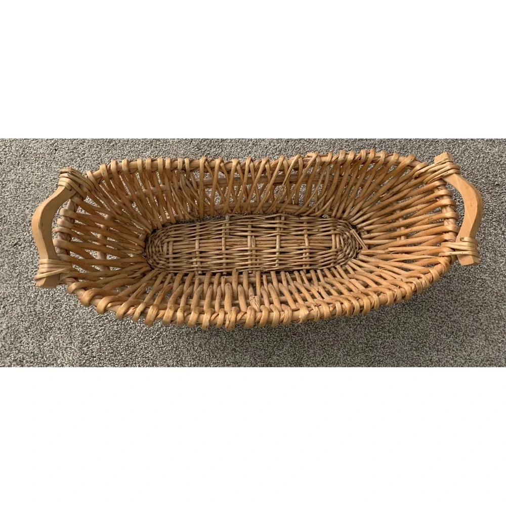 Vintage Wicker Boat Basket Wooden Handles Rustic Boho Cottagecore Home Decor